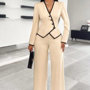 Single-breasted Contrast Color Trim Suit Pants Suit