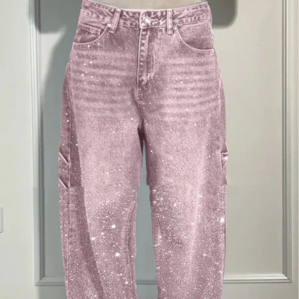 Ins Shiny Straight Jeans With Pockets Fashion Loose Wide-leg Pants For Women Street-style Trousers - Image 3