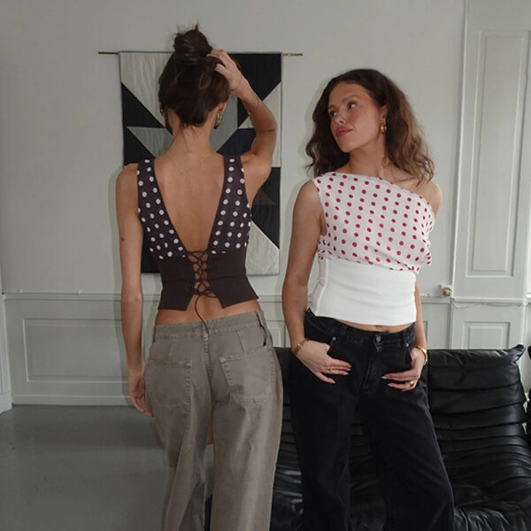 Polka Dots Print Oblique Shoulder Tops Summer Patchwork Chiffon Crop Top Women Sexy Sleeveless Lace Up Backless Blouse Casual Streetwear Tee - Image 2