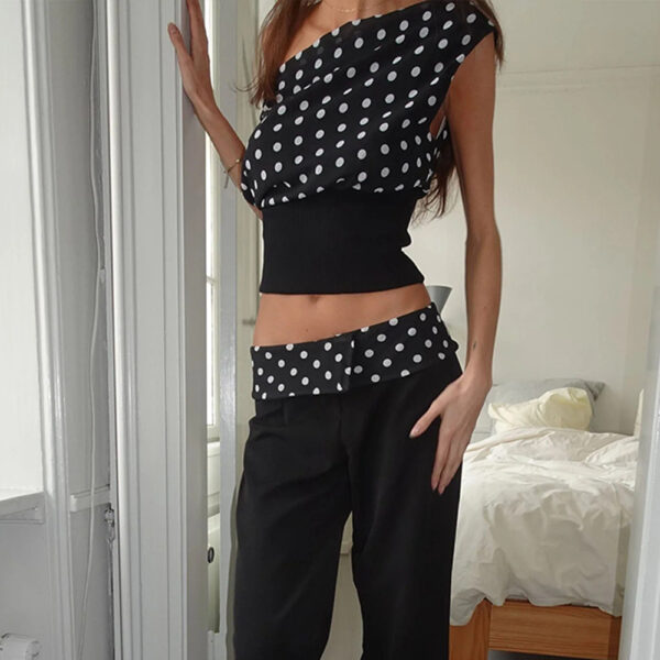 Polka Dots Print Oblique Shoulder Tops Summer Patchwork Chiffon Crop Top Women Sexy Sleeveless Lace Up Backless Blouse Casual Streetwear Tee - Image 3
