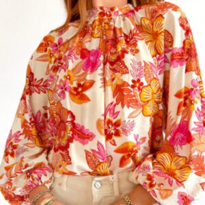 Orange Floral Print Pearl Button Keyhole Long Puff Sleeve Blouse
