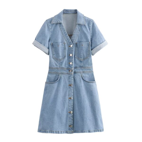 New Fashion Casual Breasted Mini Waist Denim Dress - Image 4
