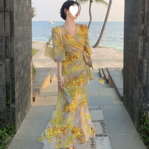 Internet Celebrity Yellow Battle Robe French Style Floral Tea Dress