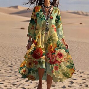 Fashion Flower Printed V-neck Mid-length Dress