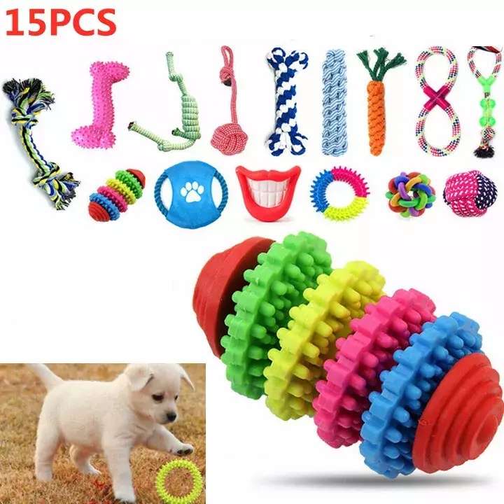 15pcs Tough Dog Toys Bundle Chew Rope Knot Ball Squeakers Pet Puppy Teething Random Send