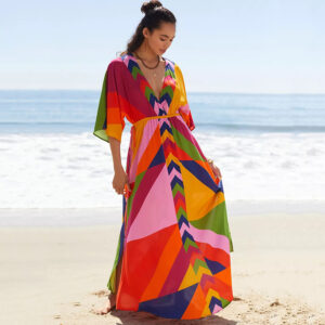Polyester Printed Pull-belt Long Dress Beach Jacket Sun Protection Robe