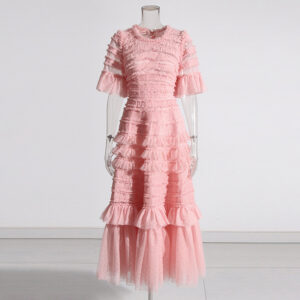 Round Neck Pleated Mesh Stitching Polka-dot Tiered-ruffle Skirt Women