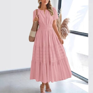 Fashion V-neck Pleated Puff Sleeve Layered Large Swing Dress