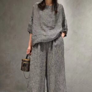 Half Sleeve Linen Plaid Round Neck T-shirt Wide Leg Pants