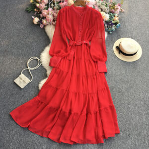 Solid Color Chiffon Long Sleeve Dress