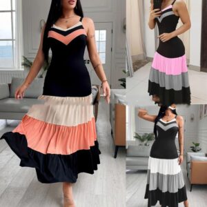 V-neck Black Panel Contrast Color Sling Dress In Stock