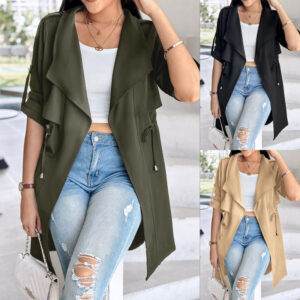 Loose Solid Color Waist Tight Rolled Sleeves Mid-length Trench Coat For Women